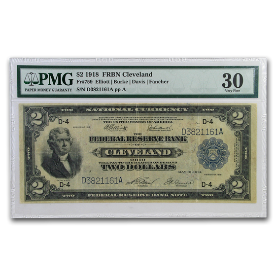 1918 (D-Cleveland) $2 FRBN Battleship VF-30 PMG 1918 (D-Cleveland) $2 FRBN Battleship VF-30 PMG